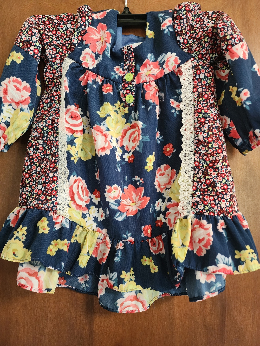 Bonnie Baby Navy Floral Lace-Trim Ruffle Dress with Pink and Yellow Blooms